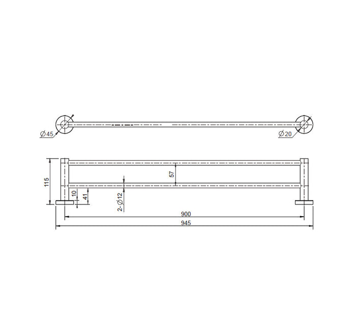Technical Drawing: Mirage Double Towel Rail Matte Black 900