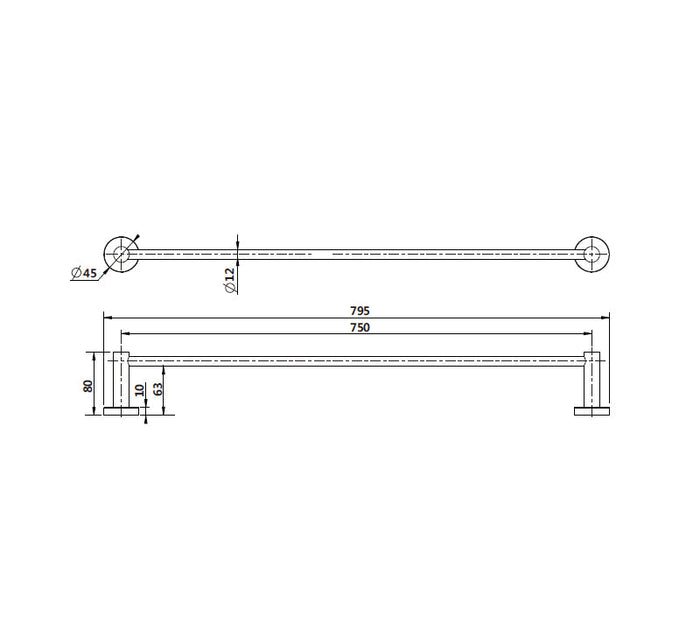 Technical Drawing: Mirage Single Towel Rail Brushed Bronze 600