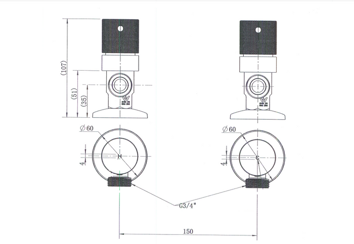 Technical Drawing: Cadence 1/4 Turn Washing Machine Stops Brushed Nickel