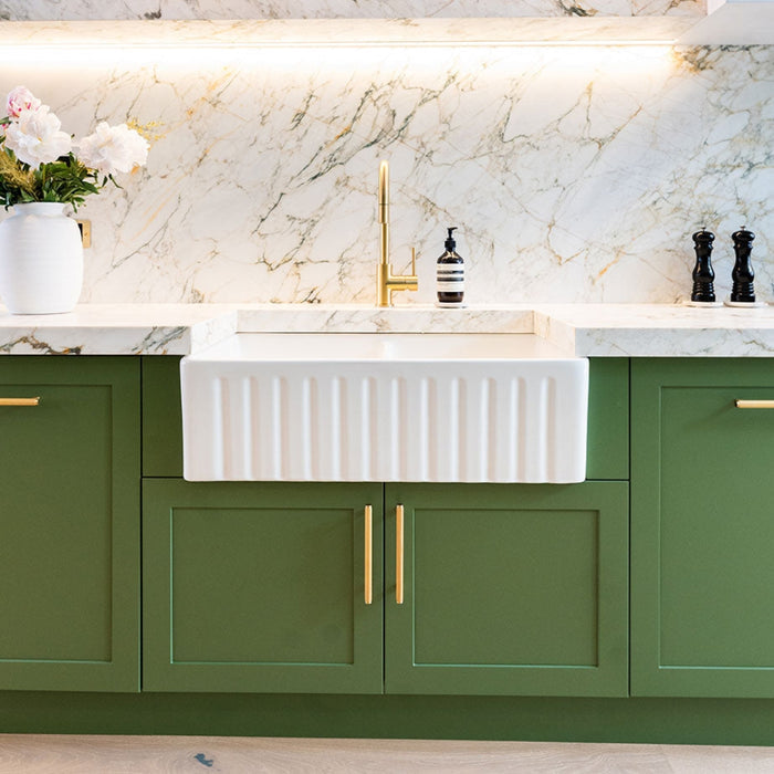 Momo Handles Bellevue Lined in Satin Brass in Green Kitchen - The Blue Space