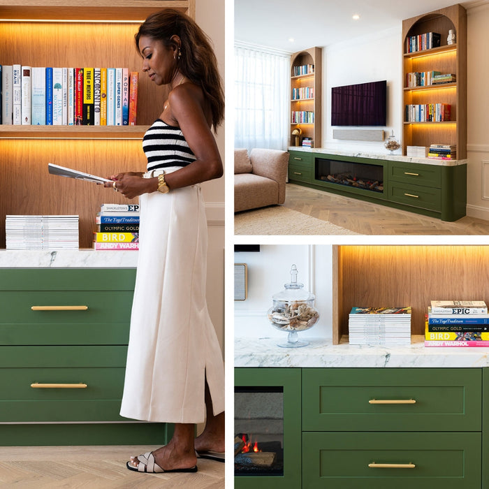 Momo Handles Bellevue Lined in Satin Brass in Green Kitchen - The Blue Space
