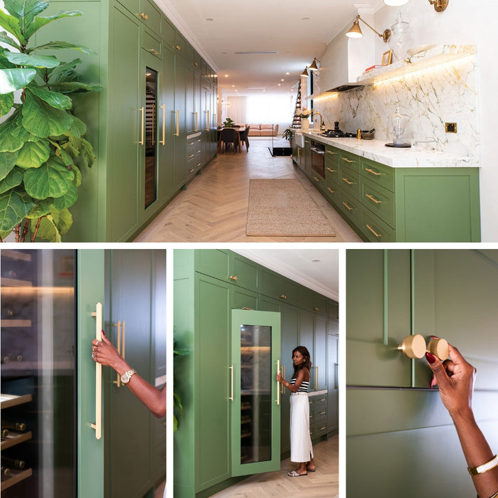 Momo Handles Bellevue Lined in Satin Brass in Green Kitchen - The Blue Space