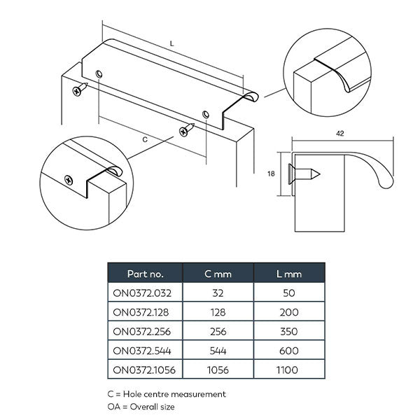 Momo Handles Ona Lip Pull Handle Technical Drawing - The Blue Space