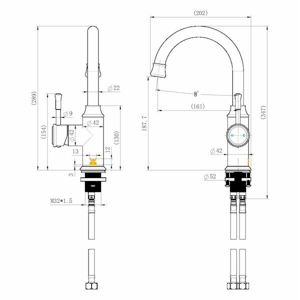 Technical Drawing: Montpellier High Rise Goose Neck Basin Mixer Brushed Bronze