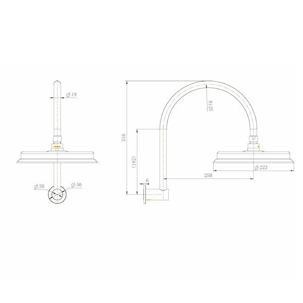 Technical Drawing: Montpellier Shower Arm and Rose Brushed Bronze