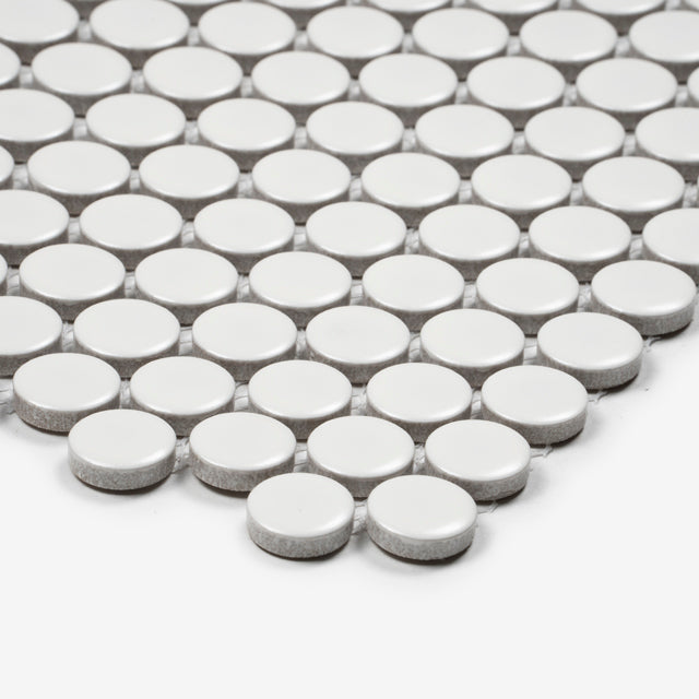 Mooloolaba Satin White Porcelain Penny Round Mosaic Tile 20x20mm  | The Blue Space