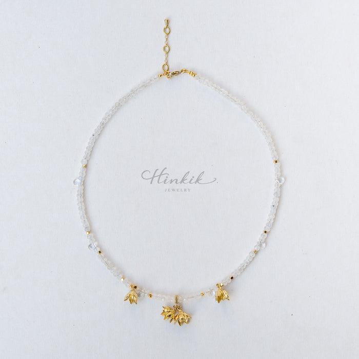 Moonstone Necklace with Pikul Flower Design & White Topaz | Auspicious Fine Jewelry for Everyday Wear ✨