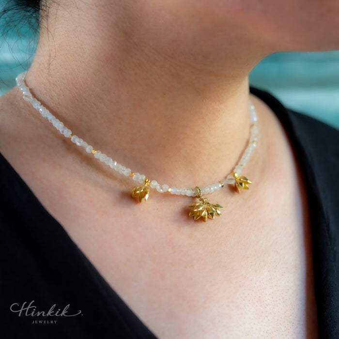 Moonstone Necklace with Pikul Flower Design & White Topaz | Auspicious Fine Jewelry for Everyday Wear ✨