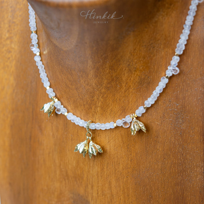 Moonstone Necklace with Pikul Flower Design & White Topaz | Auspicious Fine Jewelry for Everyday Wear ✨