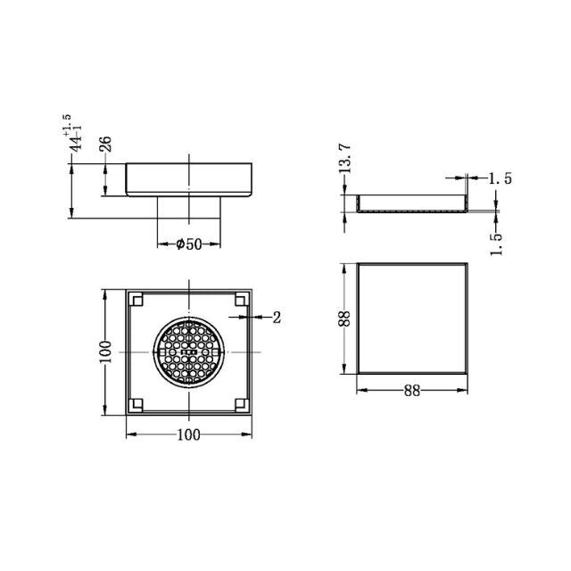 Technical Drawing Nero 100mm Square Tile Insert Floor Waste 50mm Outlet Brushed Bronze NRFW006BZ - The Blue Space