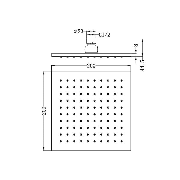 Technical Drawing: Nero 200mm Square Shower Head Chrome