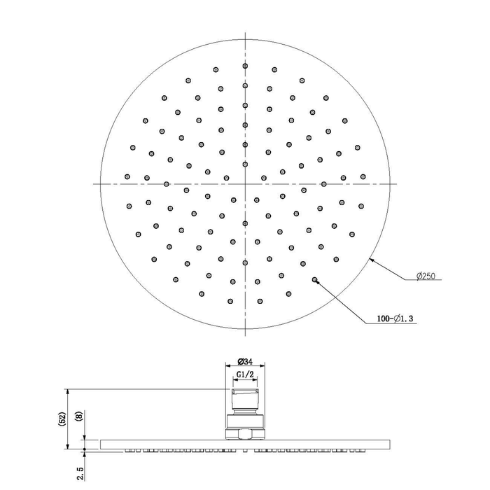 Technical Drawing: Nero Round Shower Head 250mm Brushed Gold