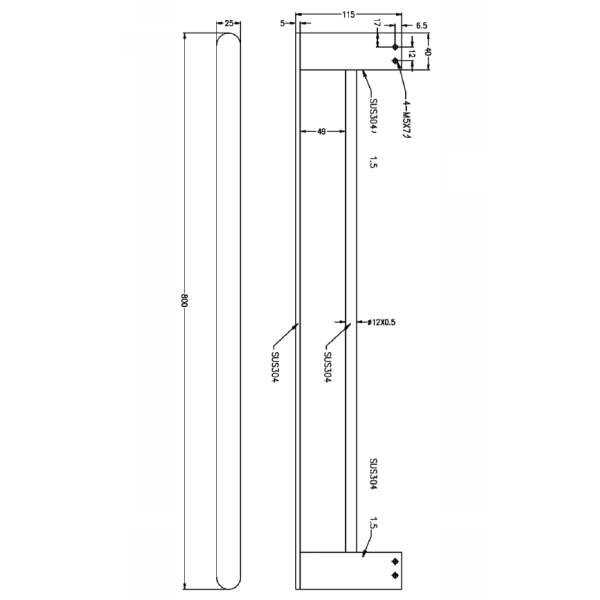 Technical Drawing: Nero Bianca Double Towel Rail 800mm Gun Metal Grey