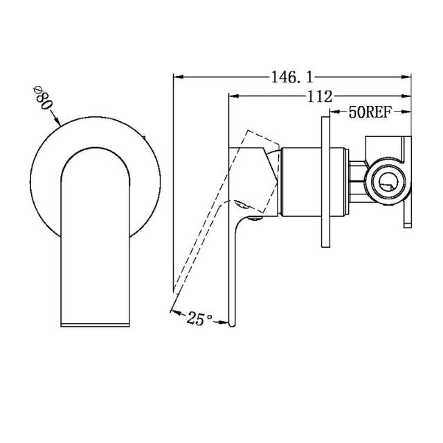 Technical Drawing Nero Bianca Shower Mixer 80mm Plate Brushed Gold NR321511DBG - The Blue Space