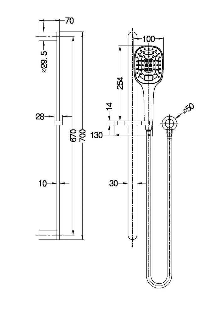 Technical Drawing: Nero Ecco Shower Rail Matte Black