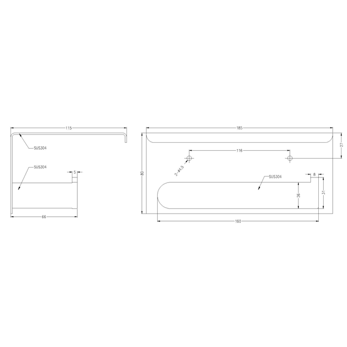 Technical Drawing: Nero Bianca Toilet Roll Holder with Shelf Matte Black