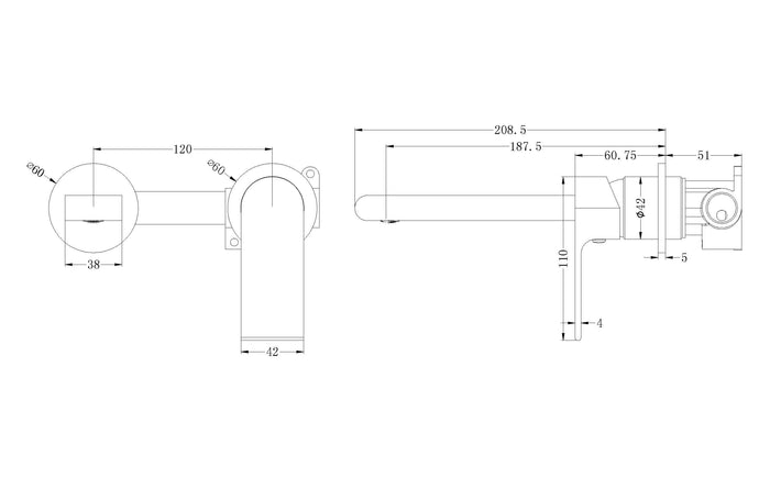 Technical Drawing: Nero Bianca Wall Basin Mixer Separate Back Plate Matte Black