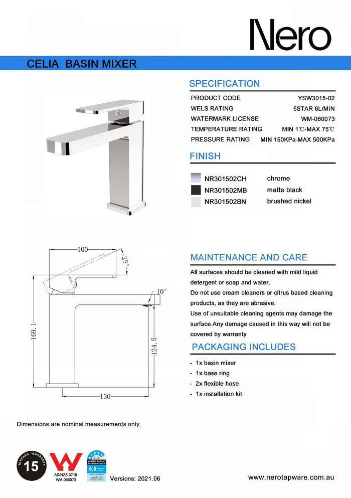 Technical Drawing: Nero Celia Straight Basin Mixer - Matte Black
