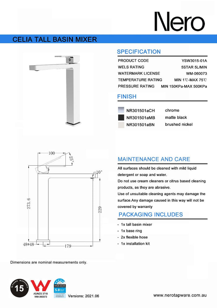 Technical Drawing: Nero Celia Tall Basin Mixer - Matte Black