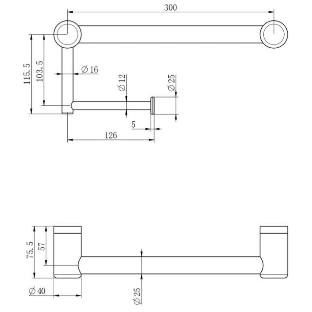 Technical Drawing Nero Mecca Care 25mm Toilet Roll Rail 300mm Brushed Nickel NRCR2512ABN - The Blue Space