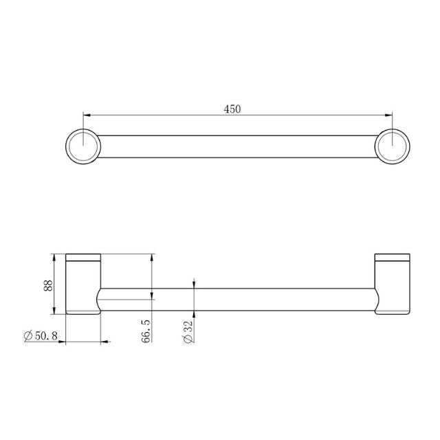 Technical Drawing Nero Mecca Care 32mm Grab Rail 450mm Chrome NRCR3218CH - The Blue Space