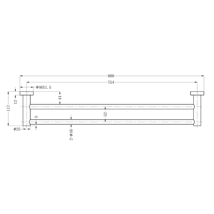 Technical Drawing: Nero Mecca Double Towel Rail 800mm Brushed Nickel