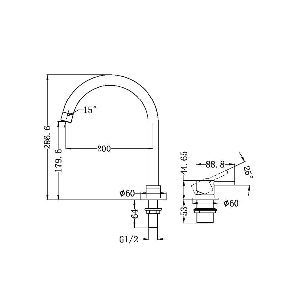 Technical Drawing: Nero Mecca Hob Basin Mixer Round Spout Matte Black