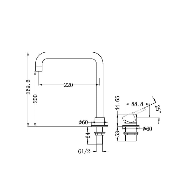 Technical Drawing: Nero Mecca Hob Basin Mixer Square Spout Matte Black