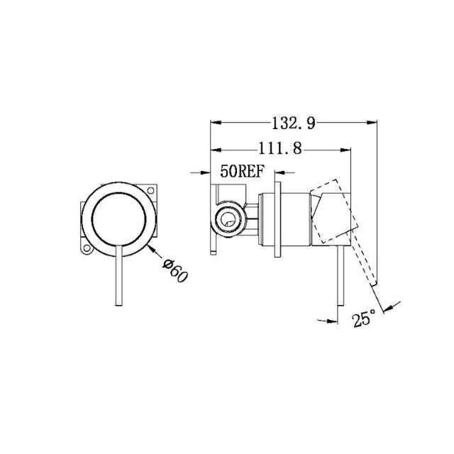Technical Drawing Nero Mecca Shower Mixer 60mm Plate Brushed Bronze NR221911HBZ - The Blue Space