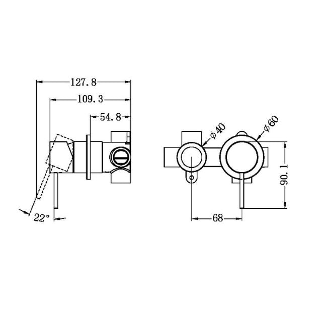 Technical Drawing Nero Mecca Shower Mixer With Horizonal 2 Way Divertor in Brushed Gold NR221911UBG - The Blue Space