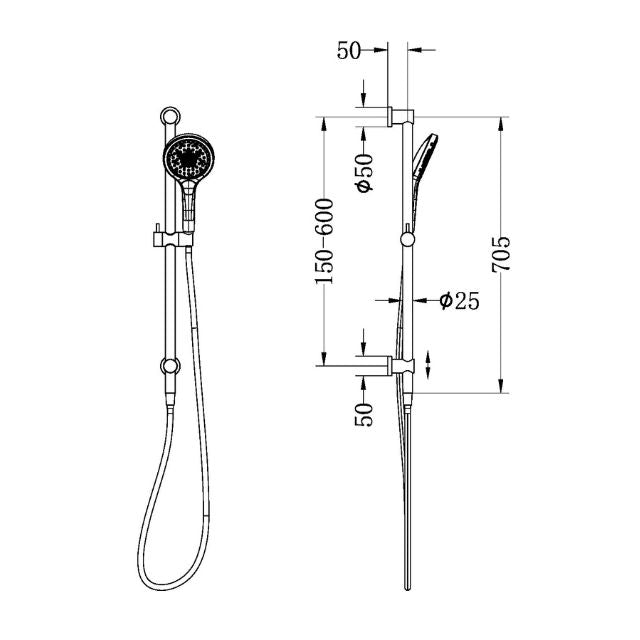 Technical Drawing Nero Mecca Shower Rail With Air Shower II Matte Black - NR221905GMB - The Blue Space