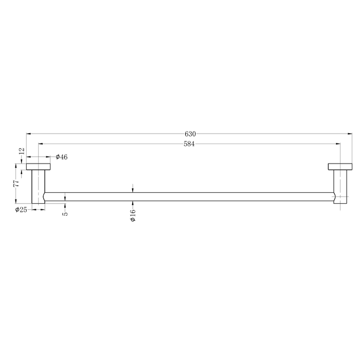 Technical Drawing: Nero Mecca Single Towel Rail 600mm Brushed Nickel