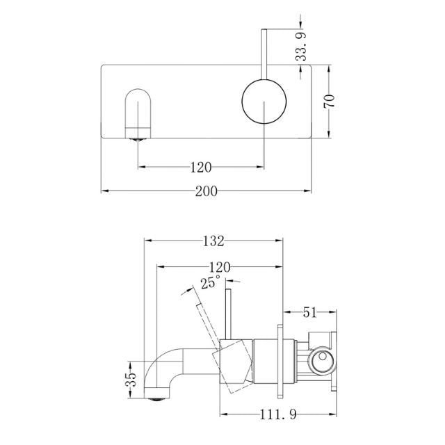 Technical Drawing Nero Mecca Wall Basin Mixer Handle Up 120mm Spout Brushed Nickel - NR221910b120BN - The Blue Space