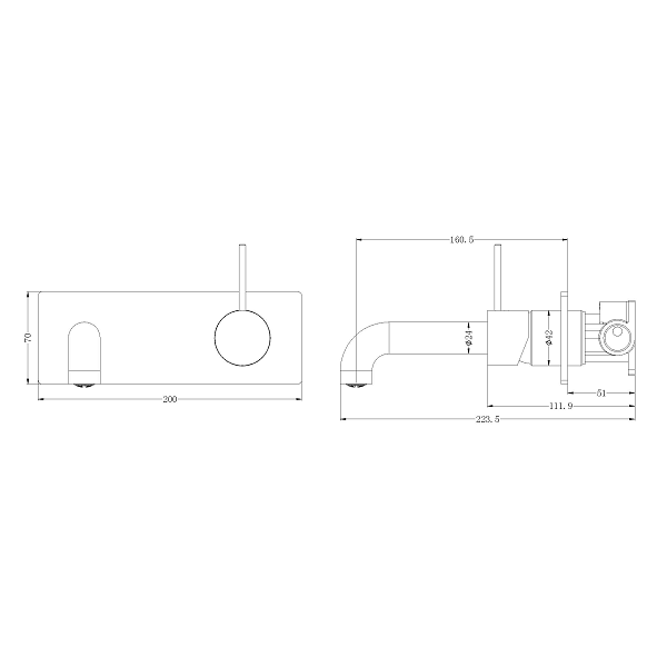Technical Drawing: Nero Mecca Wall Basin Mixer Handle Up 160mm Spout Chrome
