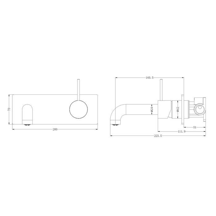Technical Drawing: Nero Mecca Wall Basin Mixer Handle Up 160mm Spout Matte Black