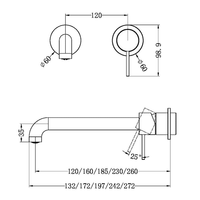Technical Drawing Nero Mecca Wall Basin/Bath Mixer Separate Back Plate 160mm Chrome NR221910C160CH - The Blue Space