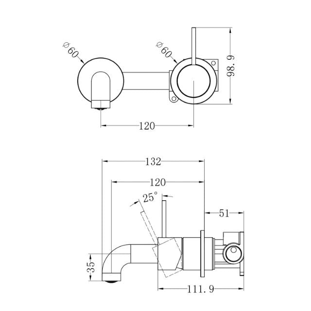 Technical Drawing Nero Mecca Wall Basin Mixer Separate Backplate Handle Up 120mm Spout Matte Black - NR221910D120MB - The Blue Space
