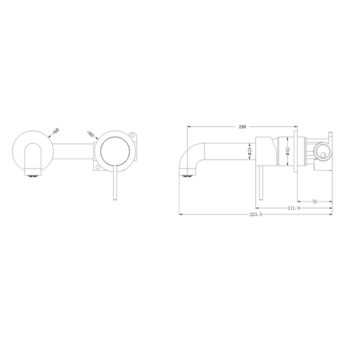 Technical Drawing: Nero Mecca Wall Basin Mixer Sep BP Handle Up 230mm Sp Chrome