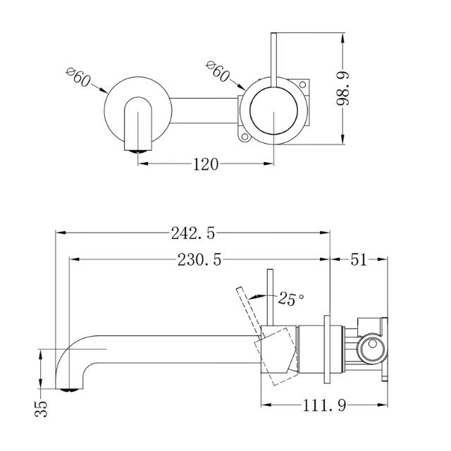 Technical Drawing Nero Mecca Wall Basin Mixer Separate Backplate Handle Up 230mm Spout Matte White - NR221910D230MW - The Blue Space