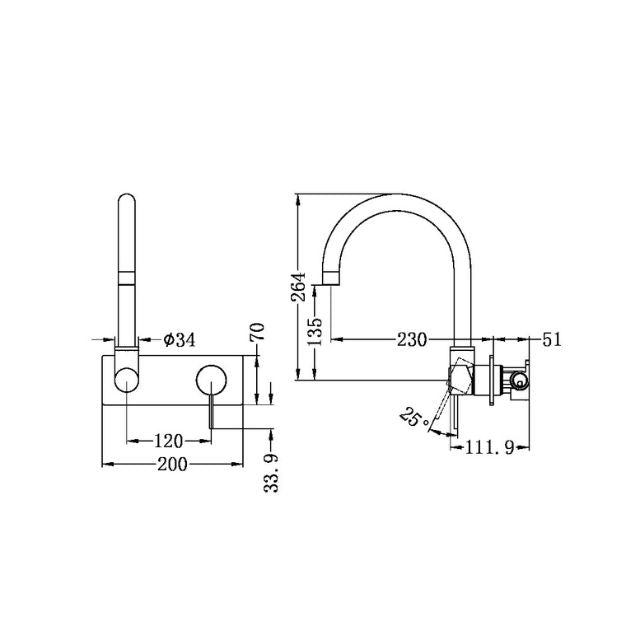 Technical Drawing Nero Mecca Wall Basin/Bath Mixer Swivel Spout Chrome NR221910QCH - The Blue Space