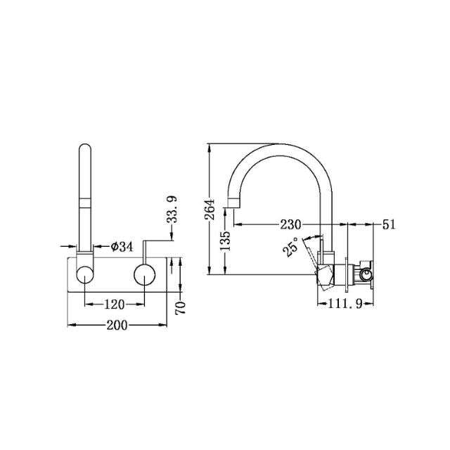 Technical Drawing Nero Mecca Wall Basin/Bath Mixer with Swivel Spout and Handle Up Mixer in Chrome NR221910PCH - The Blue Space