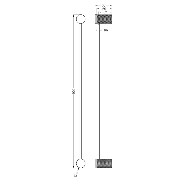 Technical Drawing: Nero Opal Single Towel Rail Gunmetal 600mm