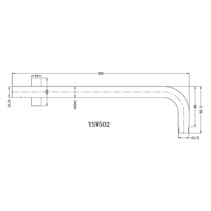 Technical Drawing: Nero Round Wall Shower Arm 350mm Brushed Gold