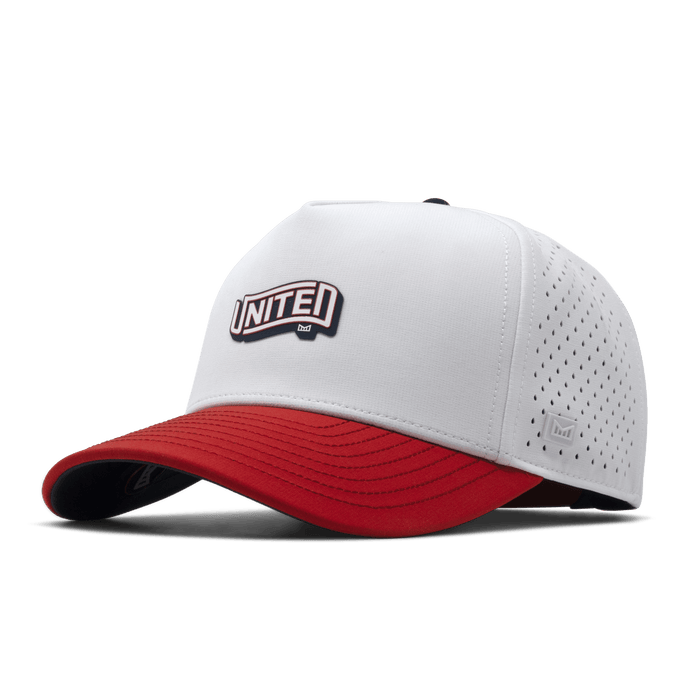 The front, angled view of the melin Odysea Americana Hydro Split Fit in White / Red / Navy