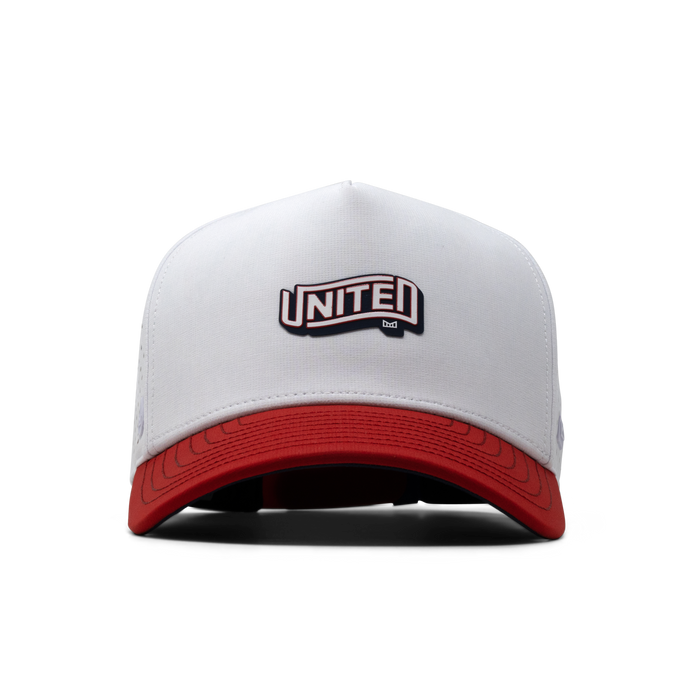 The front view of the melin Odysea Americana Hydro Split Fit in White / Red / Navy