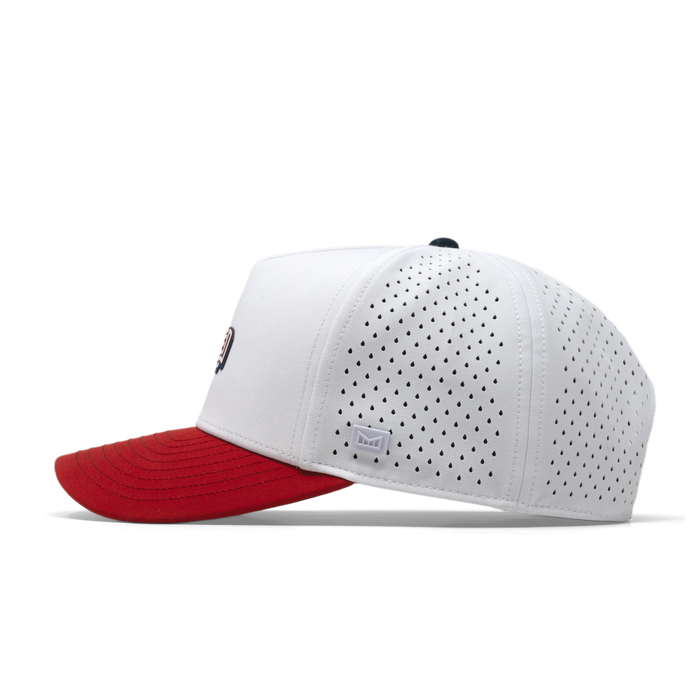 The side view of the melin Odysea Americana Hydro Split Fit in White / Red / Navy
