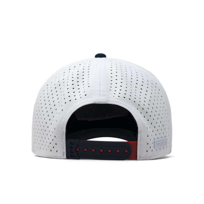 The back view of the melin Odysea Americana Hydro Split Fit in White / Red / Navy