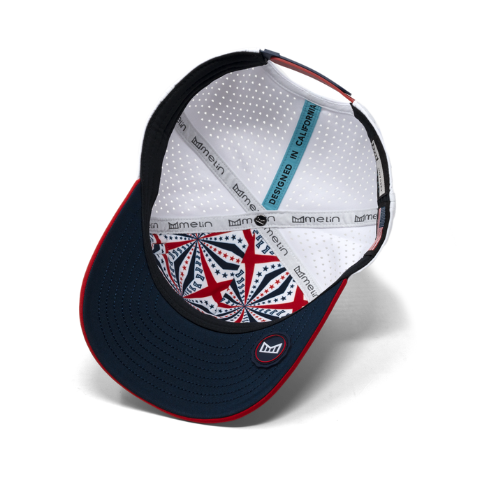 The inside view of the melin Odysea Americana Hydro Split Fit in White / Red / Navy