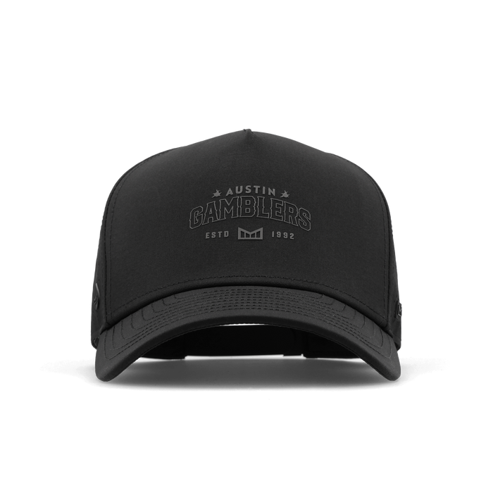 Black baseball cap with "Austin Gamblers" embroidered text and established date on front.
