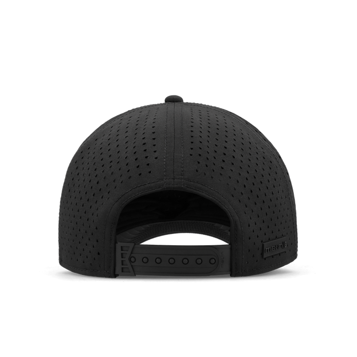 Black baseball cap with perforated ventilation holes and snapback closure shown from back view.